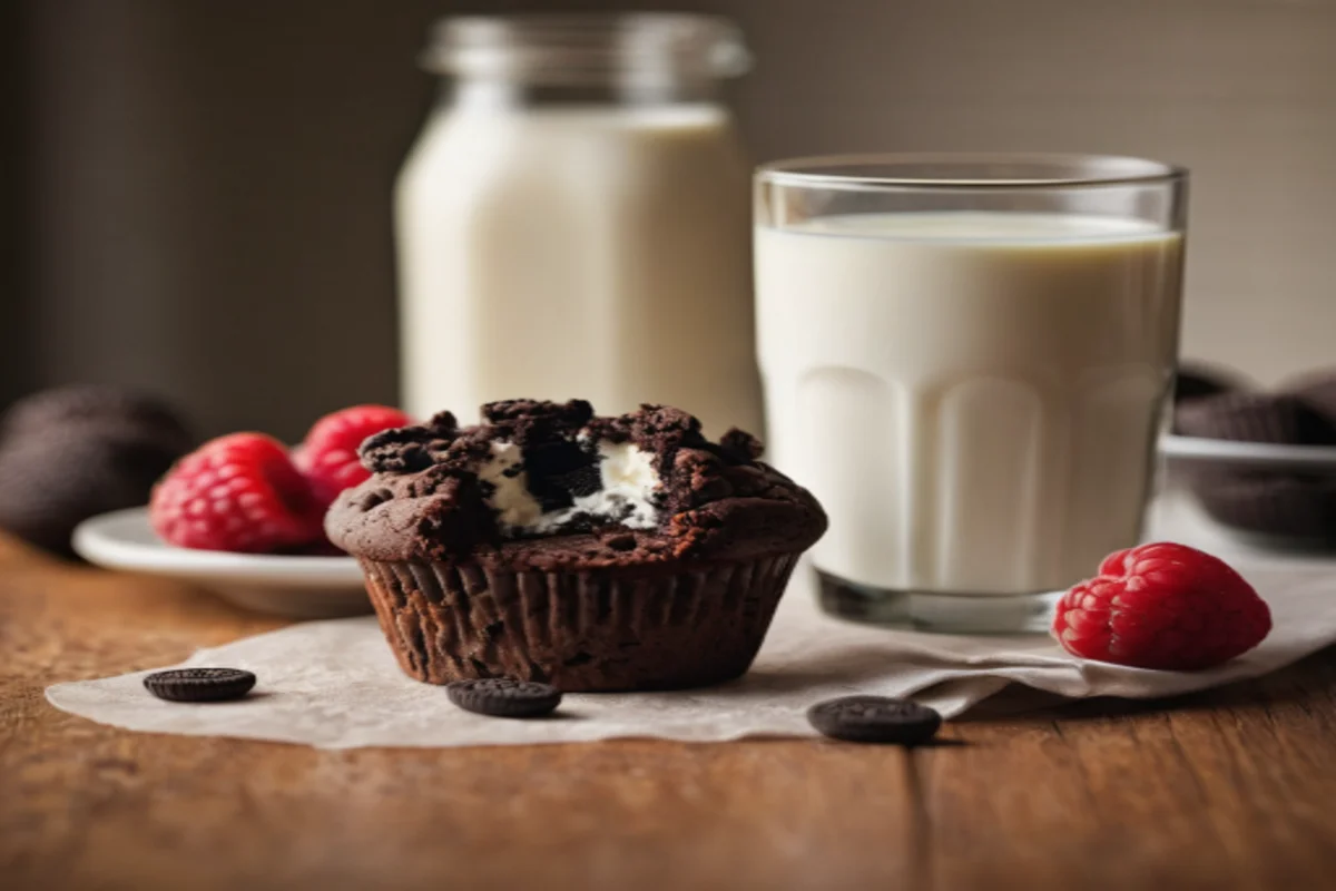 A dissected Oreo muffin alongside nutritional elements, highlighting the treat's composition.