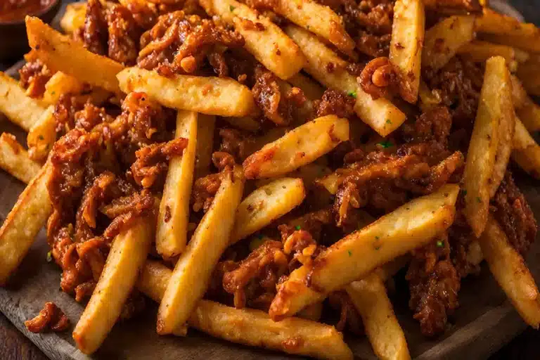 A generous serving of Louisiana Voodoo Fries on a wooden table with Mardi Gras beads.
