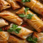 Ultra-realistic 4K image of Costco Spring Rolls with rustic aesthetic