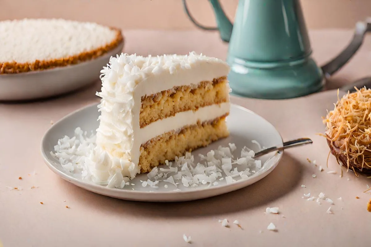 Modern vape pen next to a slice of coconut cake, symbolizing the blend of vaping and dessert flavors.