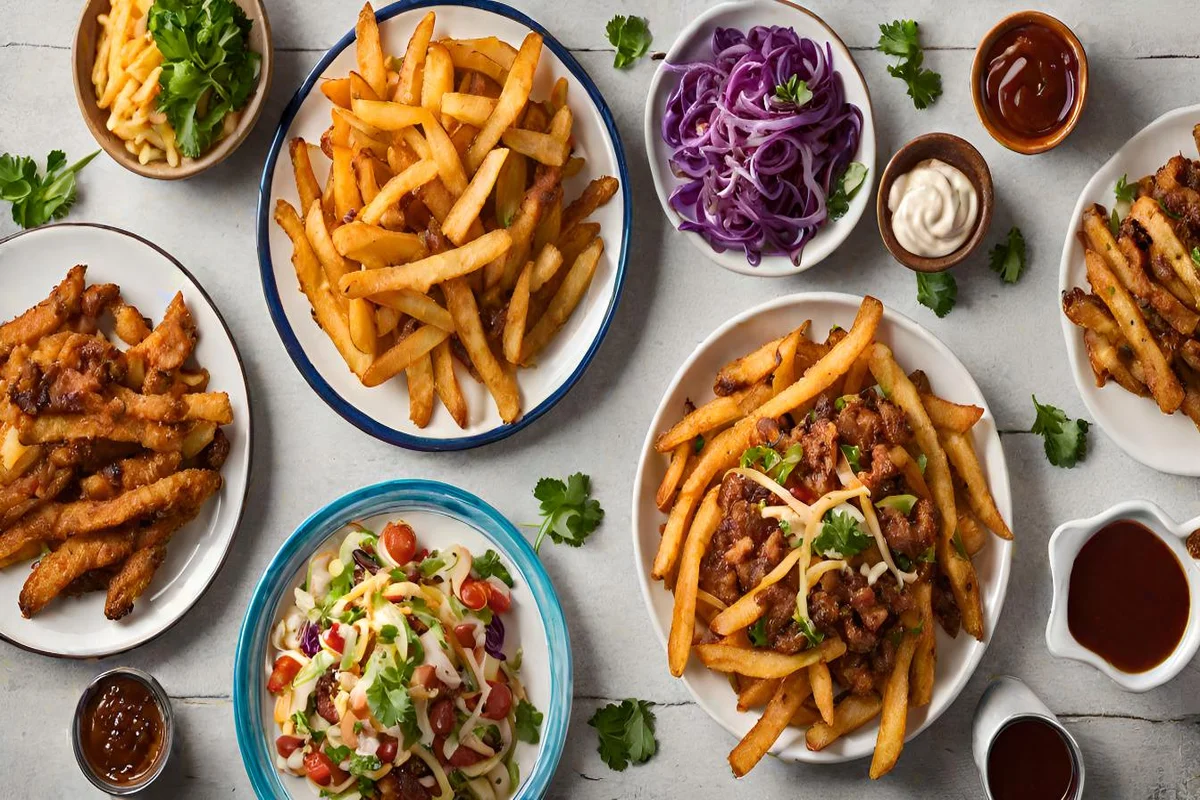 Louisiana Voodoo Fries served with grilled meats, seafood, salad, and a glass of craft beer.