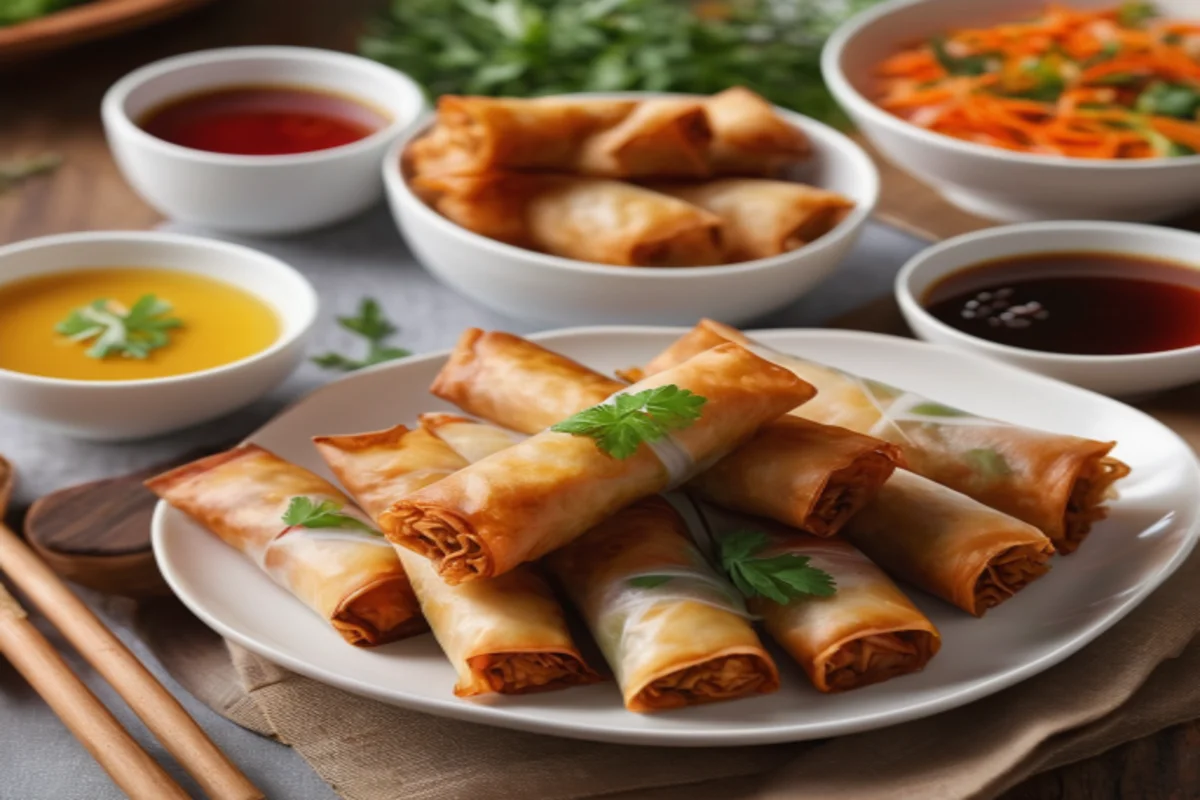 Costco Spring Rolls in an elegant table setting with various dipping sauces