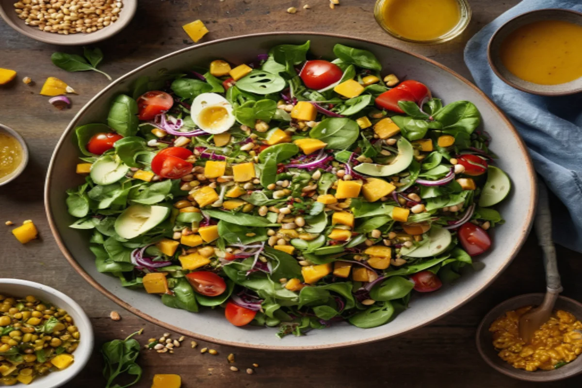 A not overdressed Golden Girl Salad showcasing the ideal dressing-to-greens ratio.