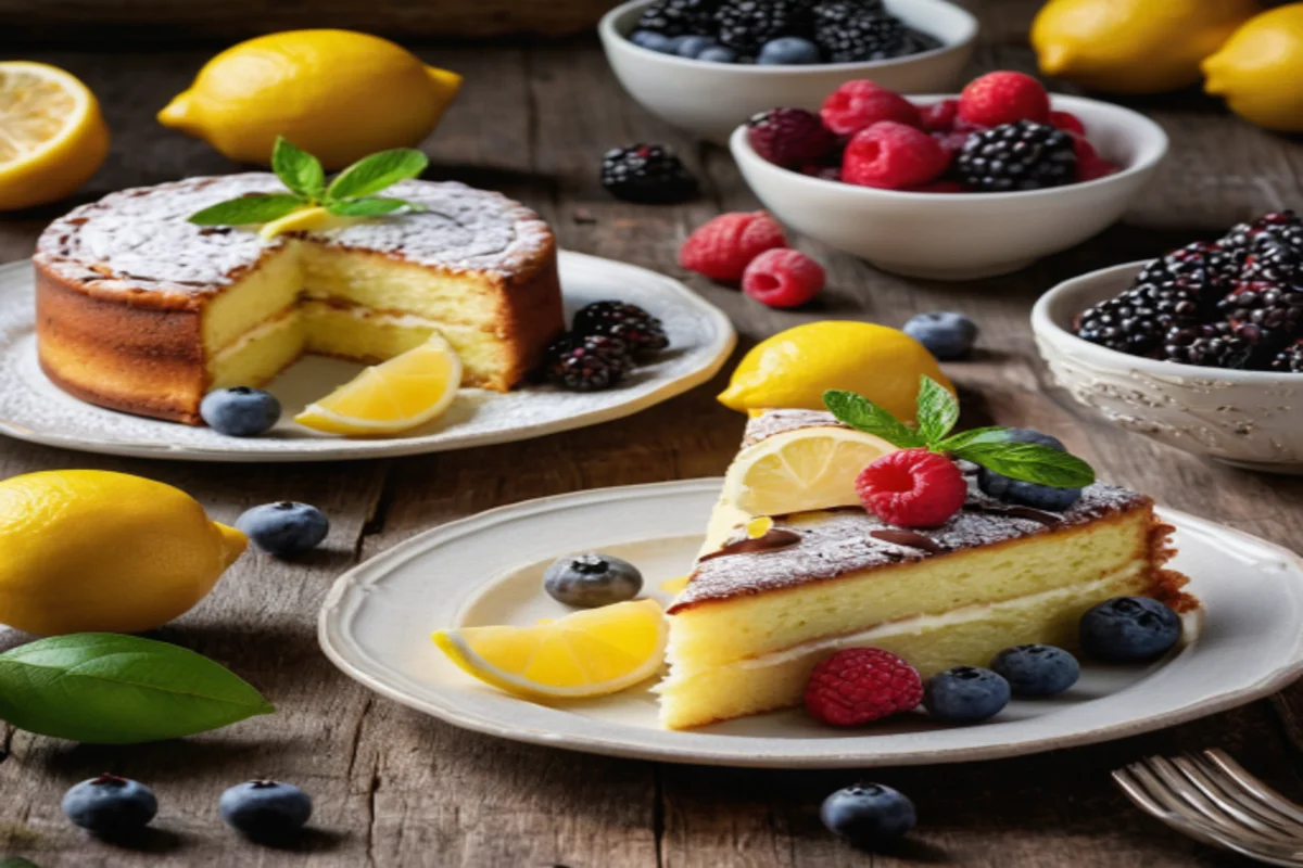 Assortment of ricotta desserts including lemon cake, pancakes, and berry tart on wooden table