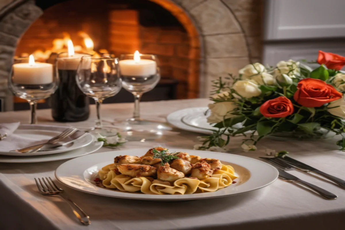 Romantic dinner setting for two with Marry Me Chicken Tortellini.