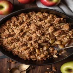Overhead shot of a Dutch Oven Apple Crisp with a golden brown topping on a wooden table.