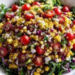Top-view of Golden Girl Salad with vibrant greens, cherry tomatoes, sweet corn, and avocado slices drizzled with sweet corn vinaigrette