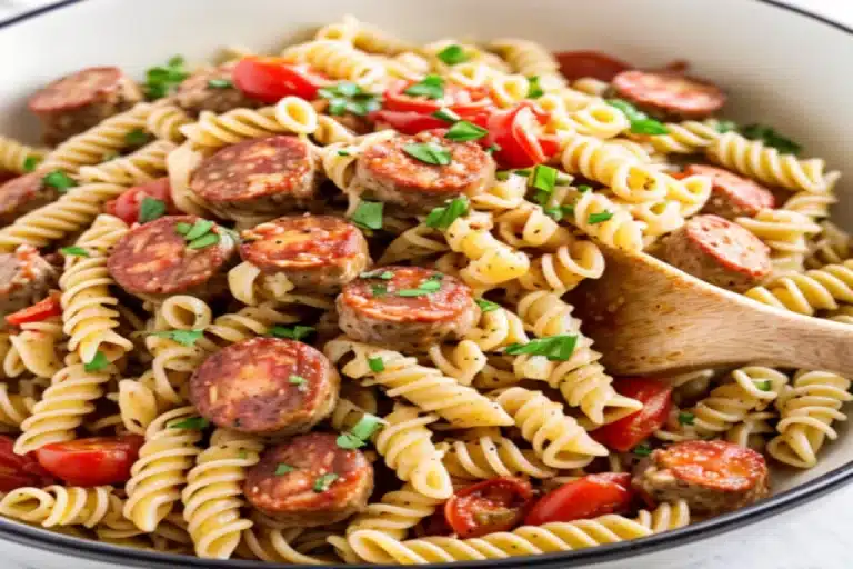 Variety of kielbasa types and pasta shapes on a wooden table