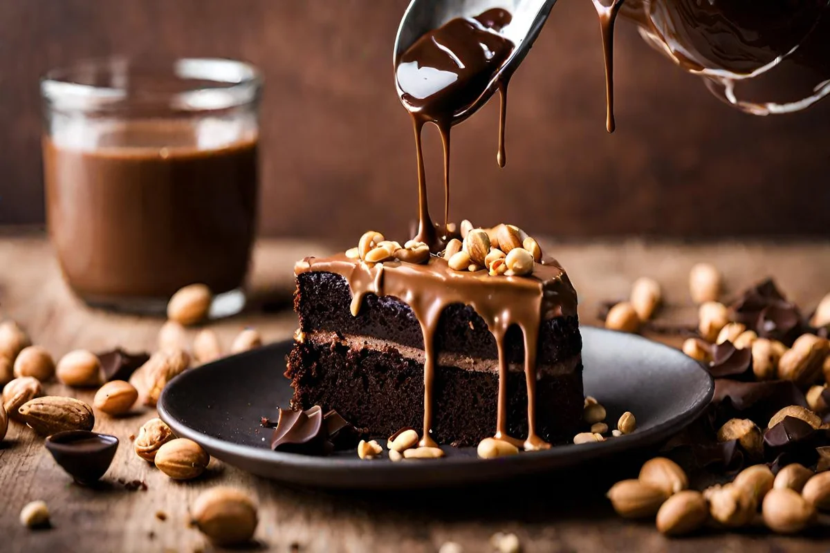 Close-up of peanut butter ganache being drizzled over a chocolate cake