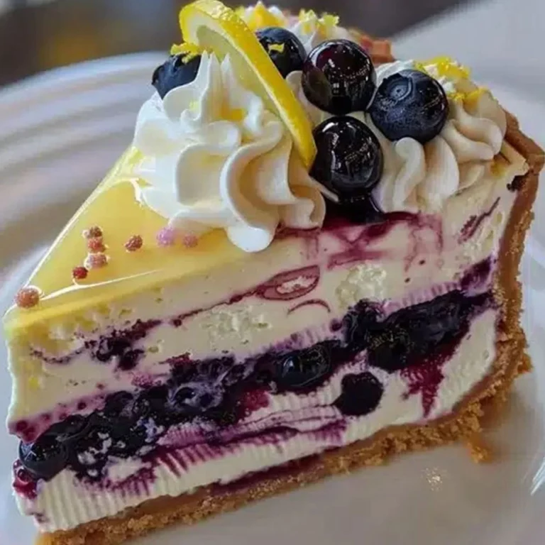 Blueberry Lemon Cheesecake slice with lemon glaze and whipped cream