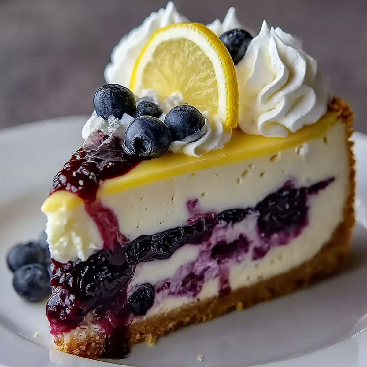 Swirled Blueberry Lemon Cheesecake with whipped cream topping