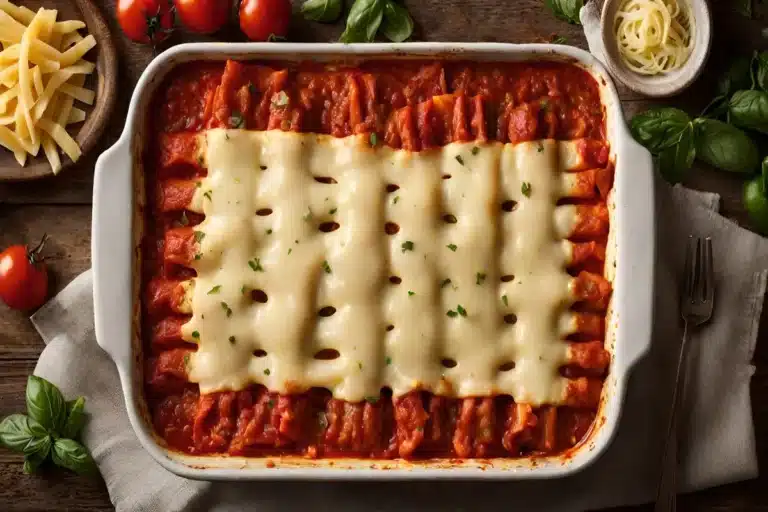 Freshly baked dump and bake manicotti pasta in a rustic dish, garnished with basil, under natural lighting.