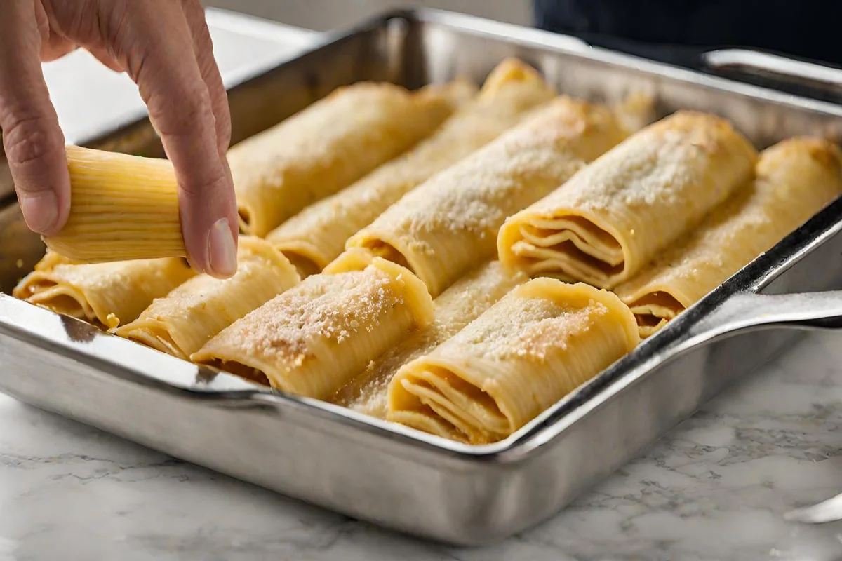 Sequential images showing the preparation of dump and bake manicotti pasta, from filling to baking.