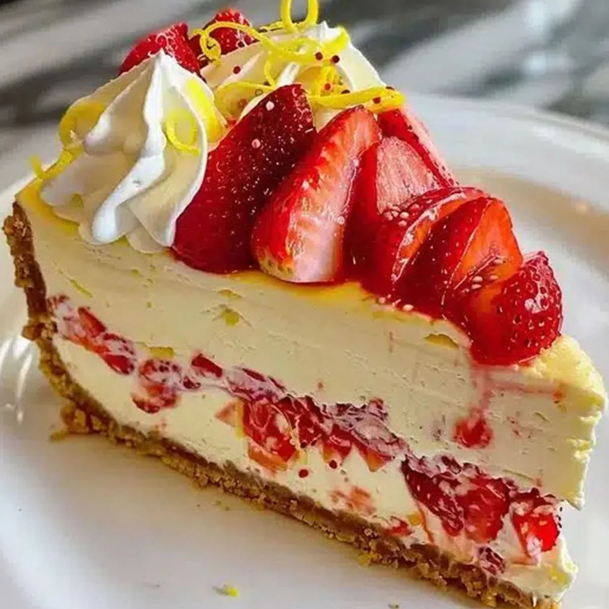 Slice of Strawberry Lemon Cheesecake with strawberry swirl and lemon topping