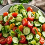 Bright and colorful cucumber tomato salad with fresh herbs and olive oil dressing on a white table.