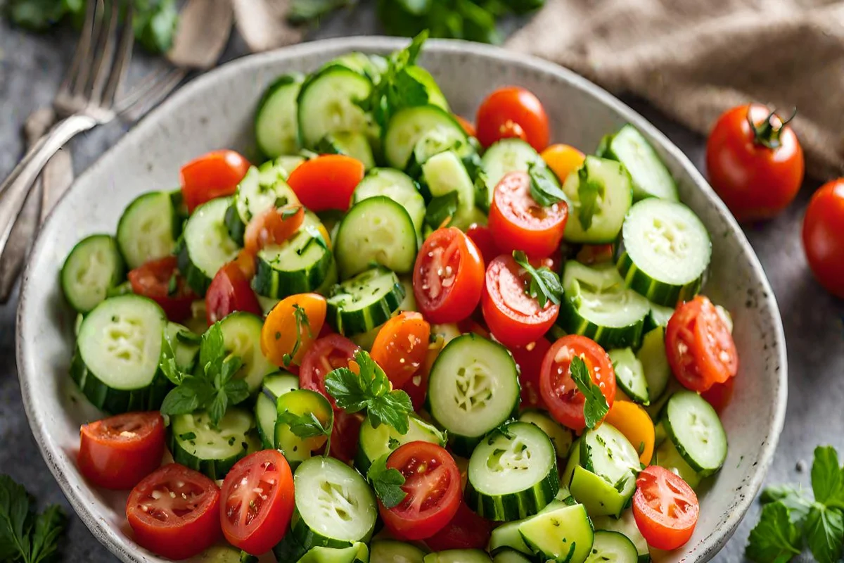 Bright and colorful cucumber tomato salad with fresh herbs and olive oil dressing on a white table.