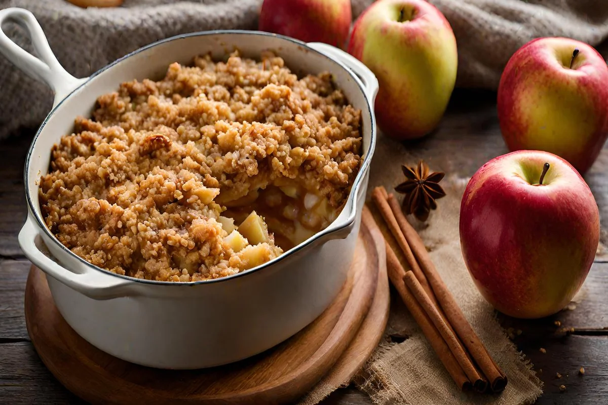 Super ultra-realistic 4K image of apple crisp with caramelized apples under a golden oat topping.