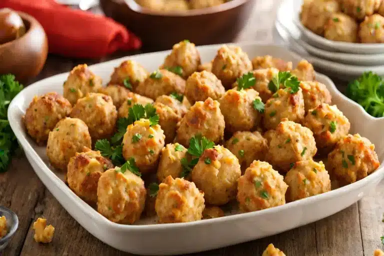 Platter of golden-brown sausage balls made with Red Lobster biscuit mix, garnished with parsley.