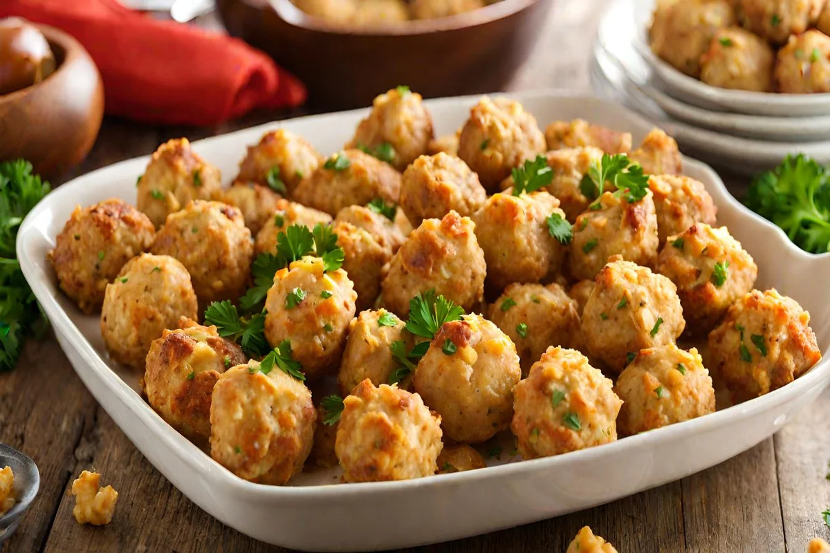 Platter of golden-brown sausage balls made with Red Lobster biscuit mix, garnished with parsley.