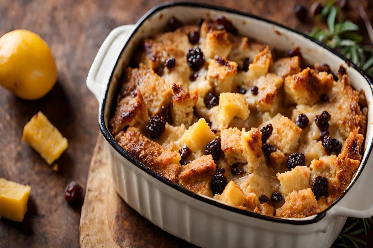 4K ultra-realistic photo of bread pudding in a Dutch oven, highlighting the golden crust and raisins.