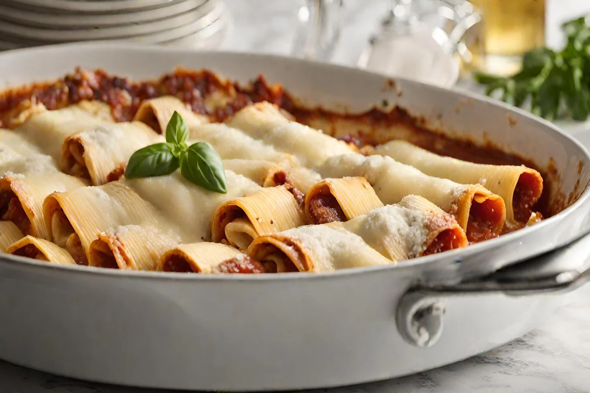 Infographic detailing the health benefits of whole grain pasta, low-fat cheese, and vegetables in manicotti.