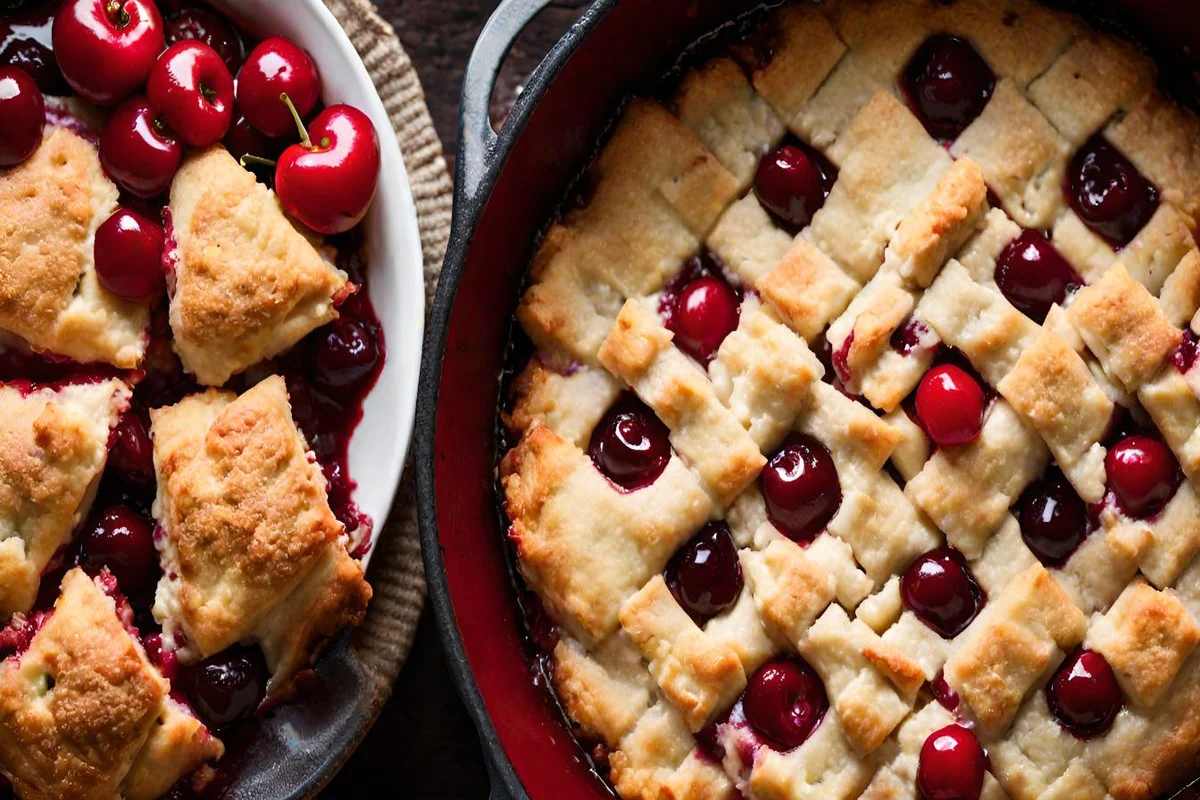Ultra-realistic image of cherry cobbler bubbling in a Dutch oven, showcasing vibrant cherries and golden crust.
