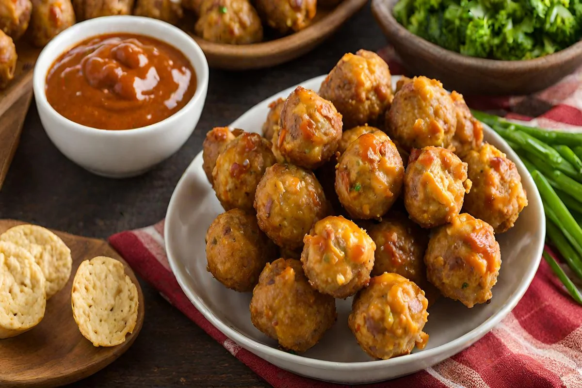 Sausage balls served with a selection of dipping sauces, showcasing serving versatility.
