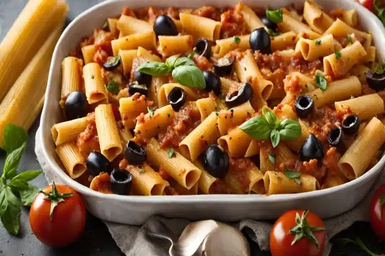 Close-up of Baked Rigatoni Alla Norma with eggplant and cheese in rustic kitchen setting, under natural lighting.