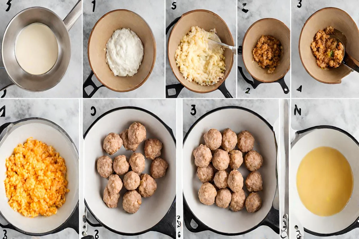 Collage of the sausage ball making process with Red Lobster mix, from ingredients to baking.