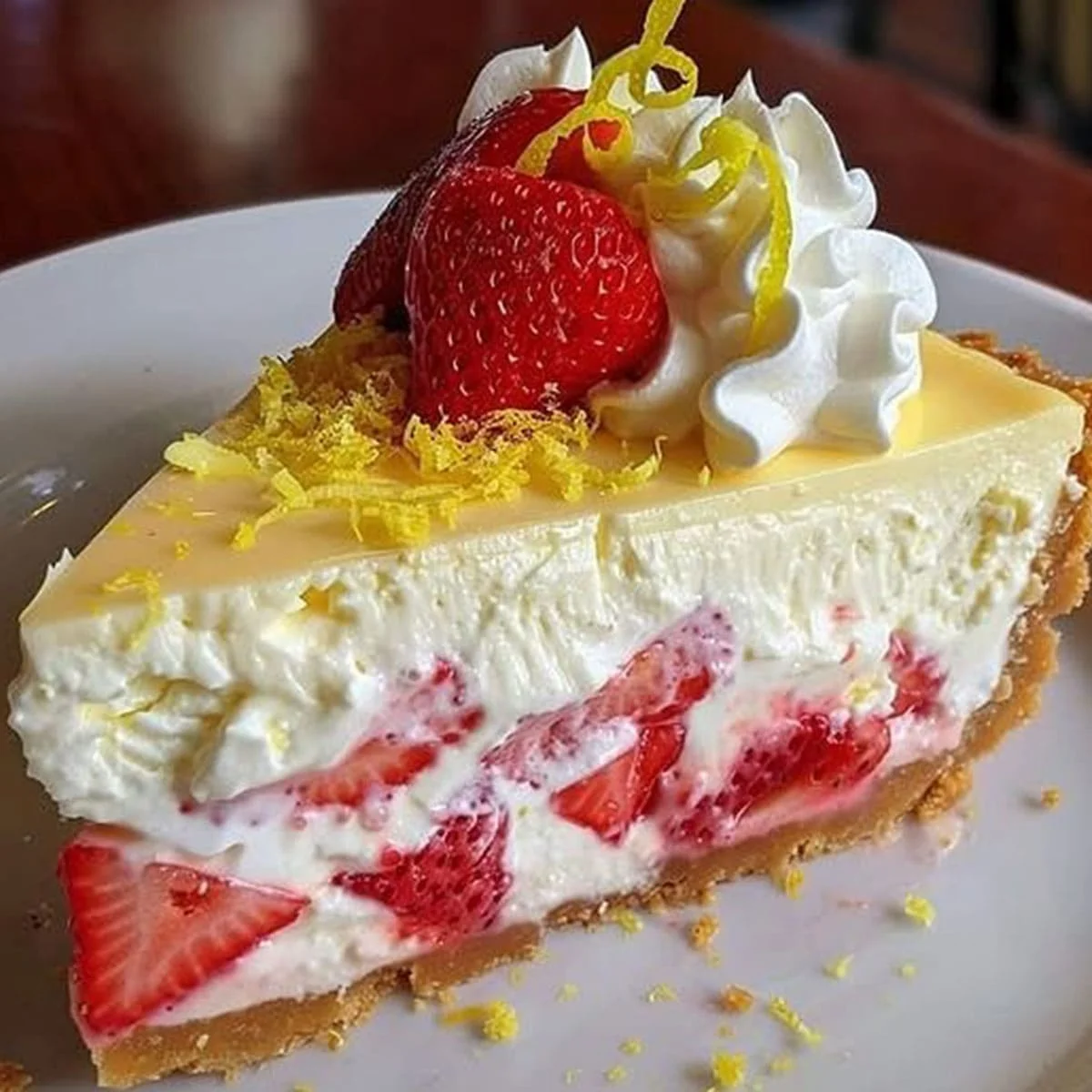 Strawberry Lemon Cheesecake with fresh strawberries and lemon cream layers