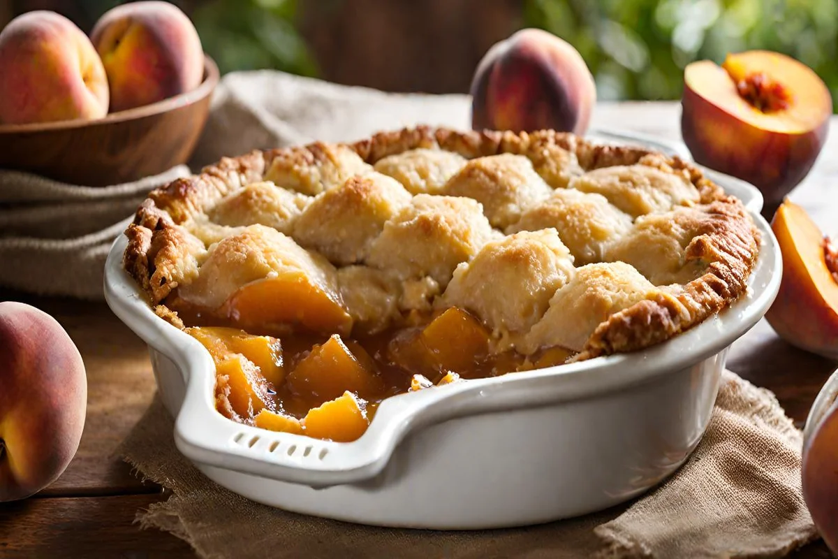 High-resolution image of peach cobbler in a Dutch oven, with syrupy peaches under a lattice pastry crust.