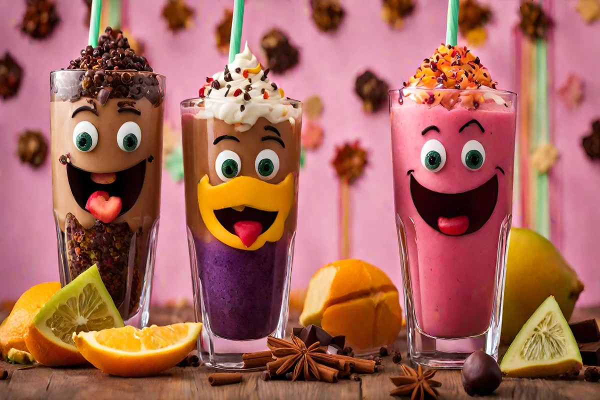 A group of friends enjoying Grimace Shakes together, laughing and sharing stories, with colorful shakes in hand.