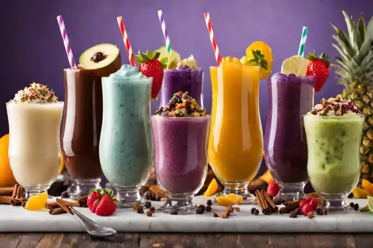 A creamy purple Grimace Shake topped with whipped cream and fresh blueberries, served in a classic milkshake glass with a vintage straw, set against a nostalgic diner backdrop.