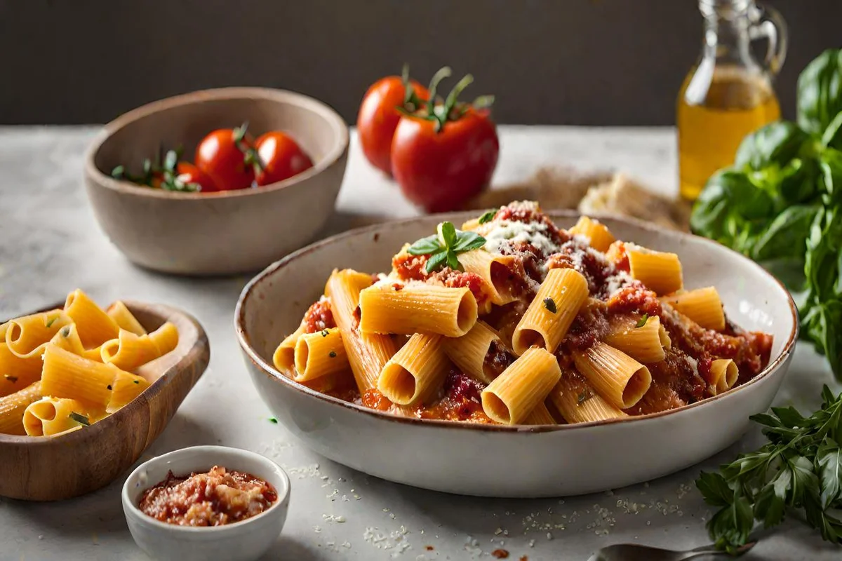 Gluten-free pasta and vegan cheese on a kitchen table, showcasing alternatives for Baked Rigatoni Alla Norma.