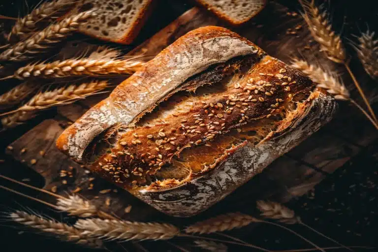 Close-up of freshly baked artisan bread on a rustic wooden table, illuminated by natural light.