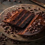 Close-up of a Chocolate Cake Shot in natural lighting, showcasing a rustic aesthetic.