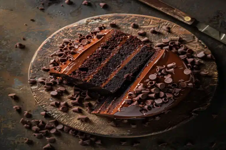 Close-up of a Chocolate Cake Shot in natural lighting, showcasing a rustic aesthetic.