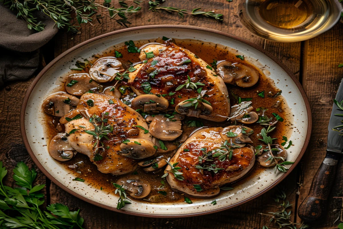 A serving of Creamy Chicken Marsala garnished with fresh parsley, highlighting the dish's rich sauce
