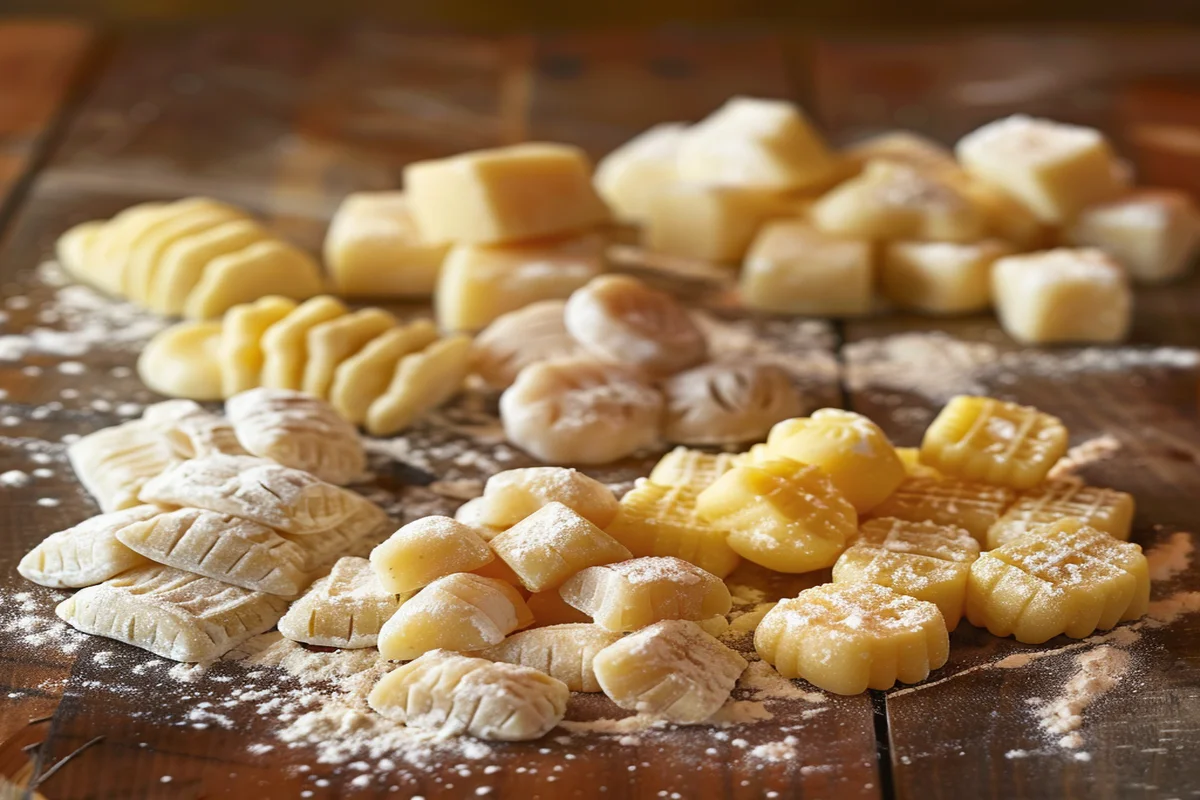  Different types of gnocchi (potato, ricotta, semolina) labeled on an aged wooden table.