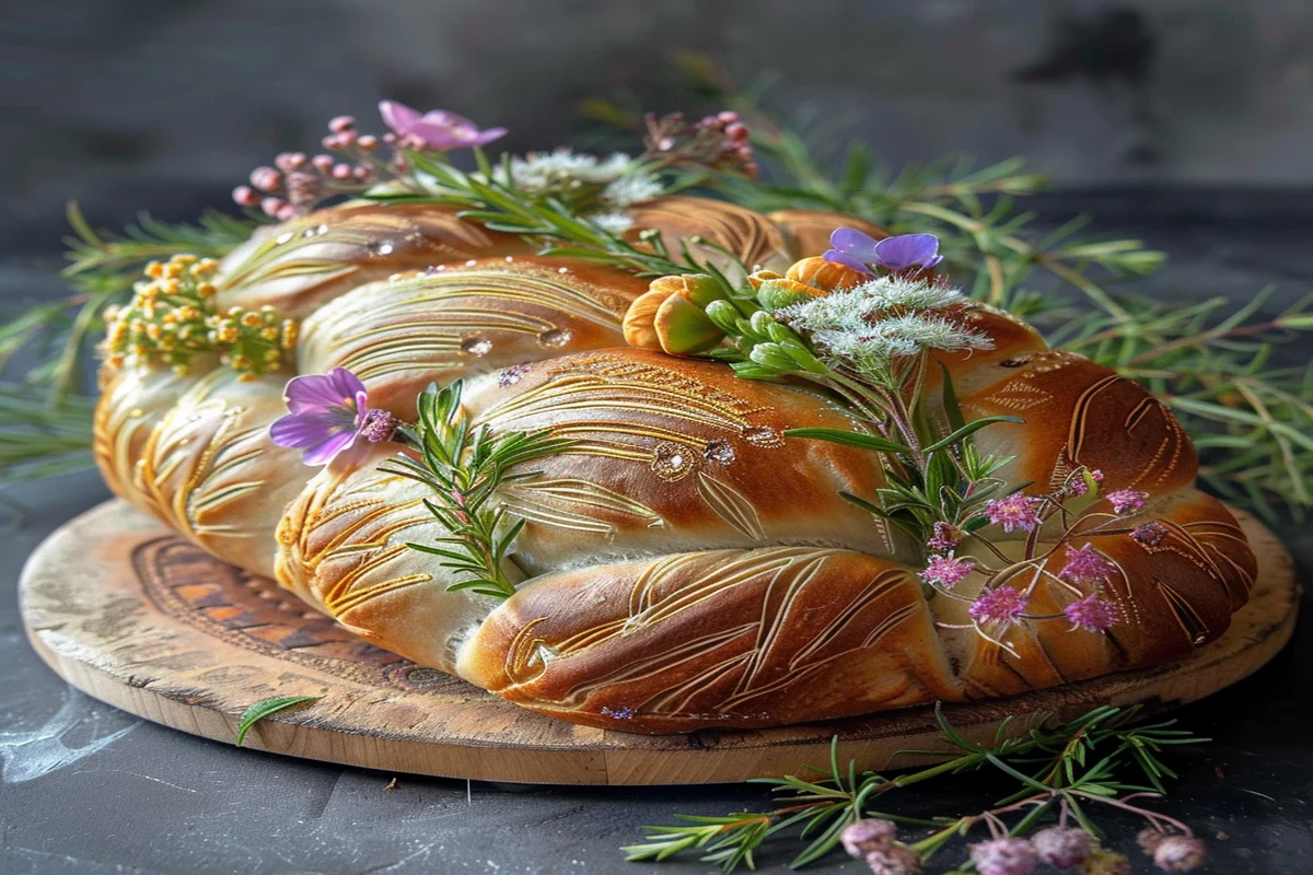Decorated loaf of bread with edible flowers and herbs, presented on a stylish platter.