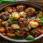 Close-up of Tuscan chicken meatballs with gnocchi in a rustic setting, under natural lighting.