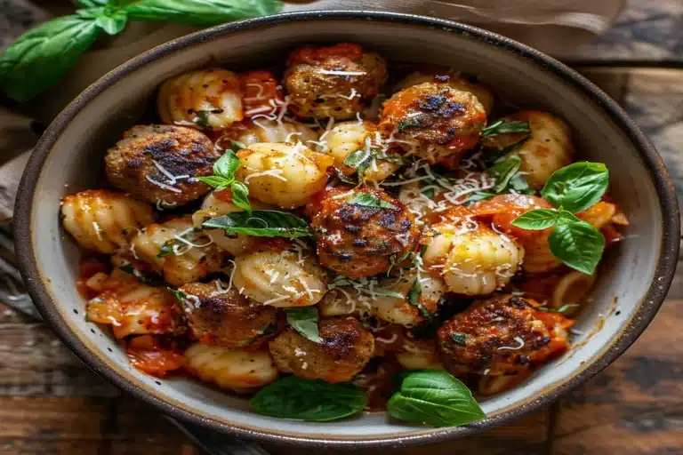 Close-up of Tuscan chicken meatballs with gnocchi in a rustic setting, under natural lighting.