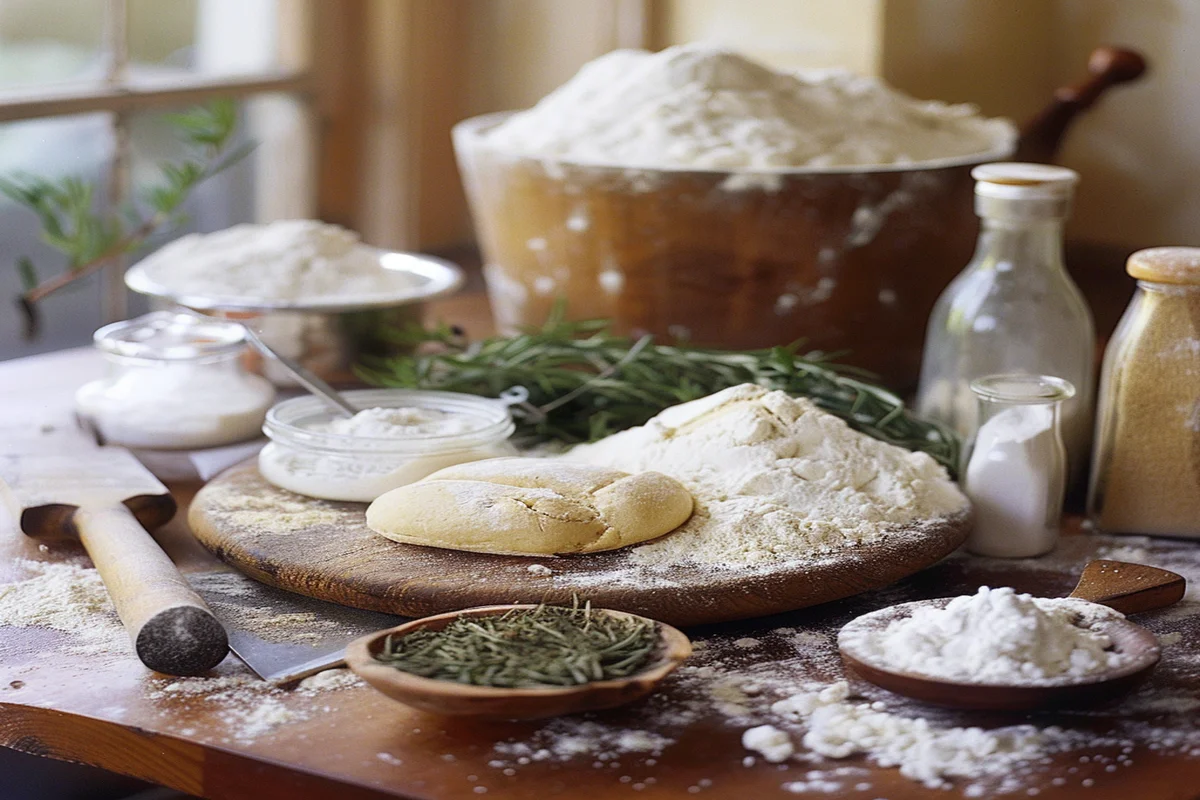 High-quality baking ingredients spread on a kitchen counter, ready for bread making.