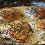 Top view of Chicken Marsala with fresh herbs and Marsala wine on a wooden table, showcasing rustic aesthetic.