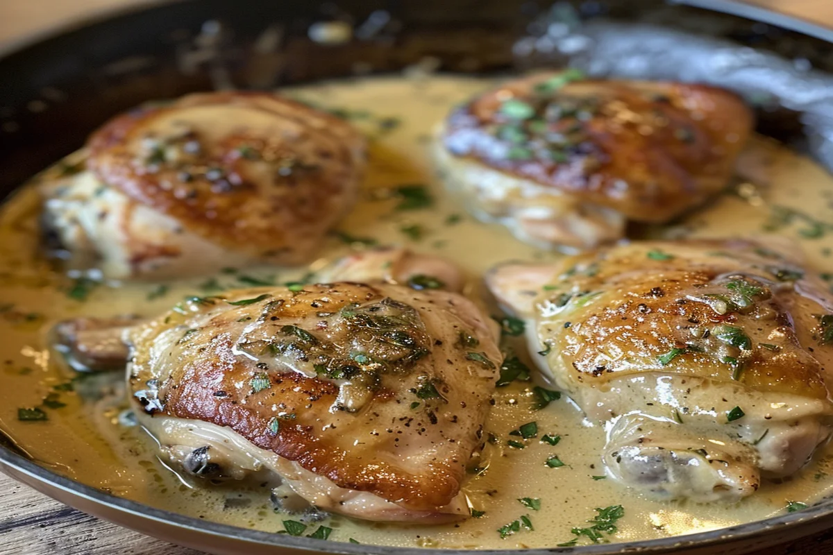 Top view of Chicken Marsala with fresh herbs and Marsala wine on a wooden table, showcasing rustic aesthetic.