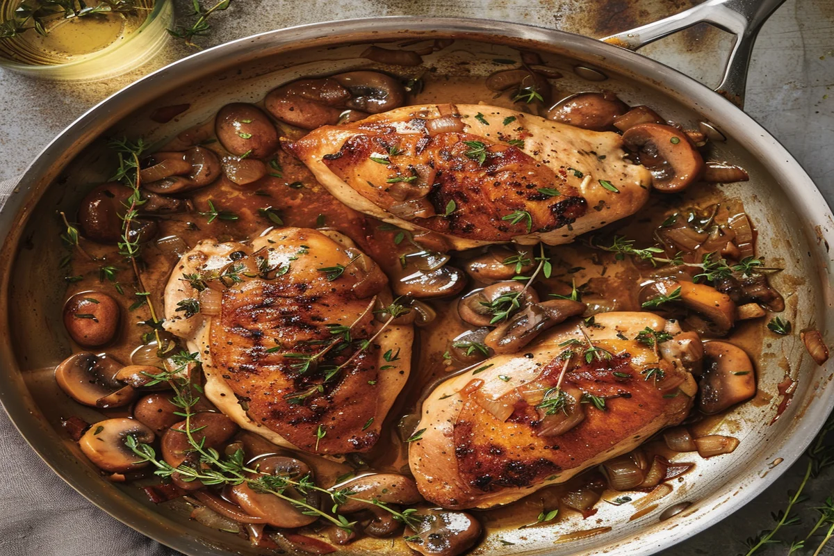 This image showcases the crucial step of browning the chicken, a key technique in Ina Garten's Chicken Marsala recipe. The warm lighting and focus on the skillet capture the cozy, inviting process of cooking at home, encouraging readers to try their hand at this simple yet elegant dish. Keywords: Chicken Marsala, browning chicken, cooking process, Ina Garten, home cooking.