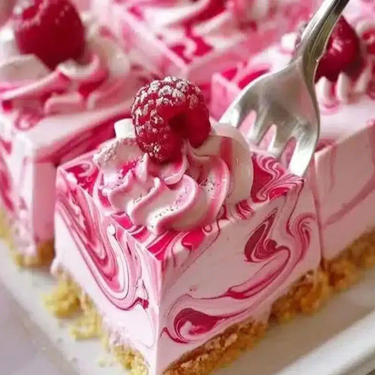 Raspberry Cheesecake with Whipped Cream and Fresh Raspberries