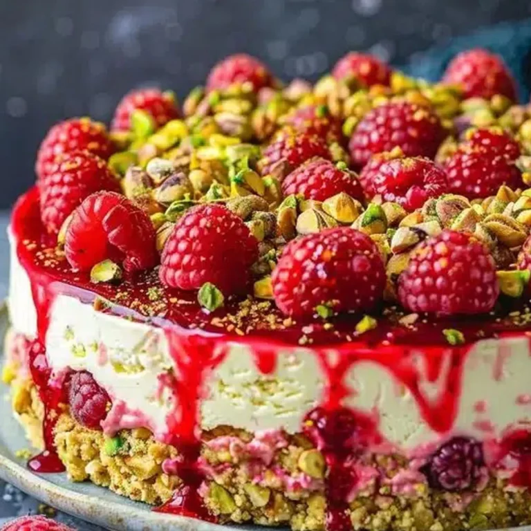 Raspberry Pistachio Cheesecake slice with glossy raspberry topping and pistachio crust