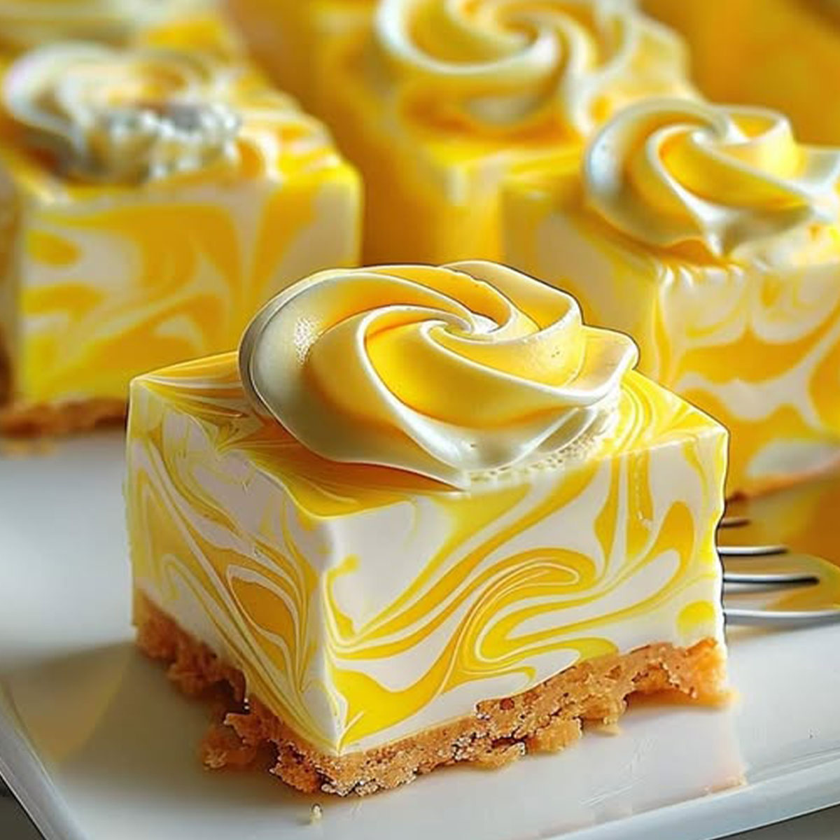 Lemon marbled cheesecake bar slice with golden graham cracker base