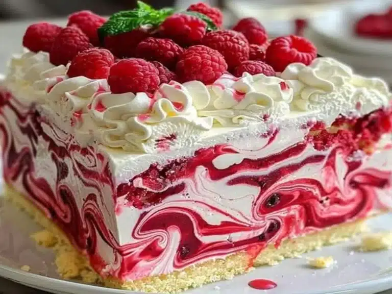 Raspberry Swirl Cheesecake with creamy white cheesecake layers, red raspberry swirls, whipped topping, and fresh raspberries.